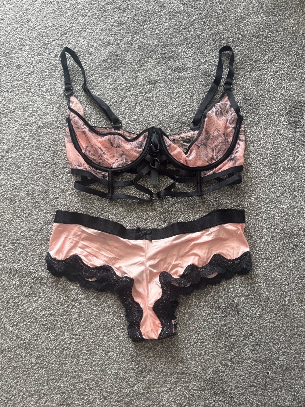Victoria’s Secret pink quarter cup sheer bra and panty pink black 32DD